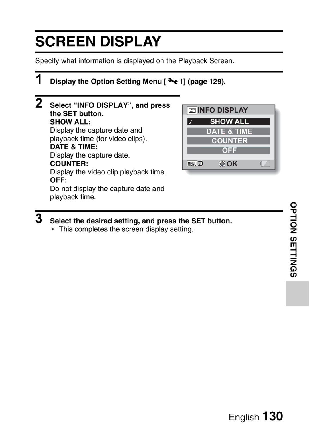 Sanyo VPC-E2 instruction manual Screen Display, Off 