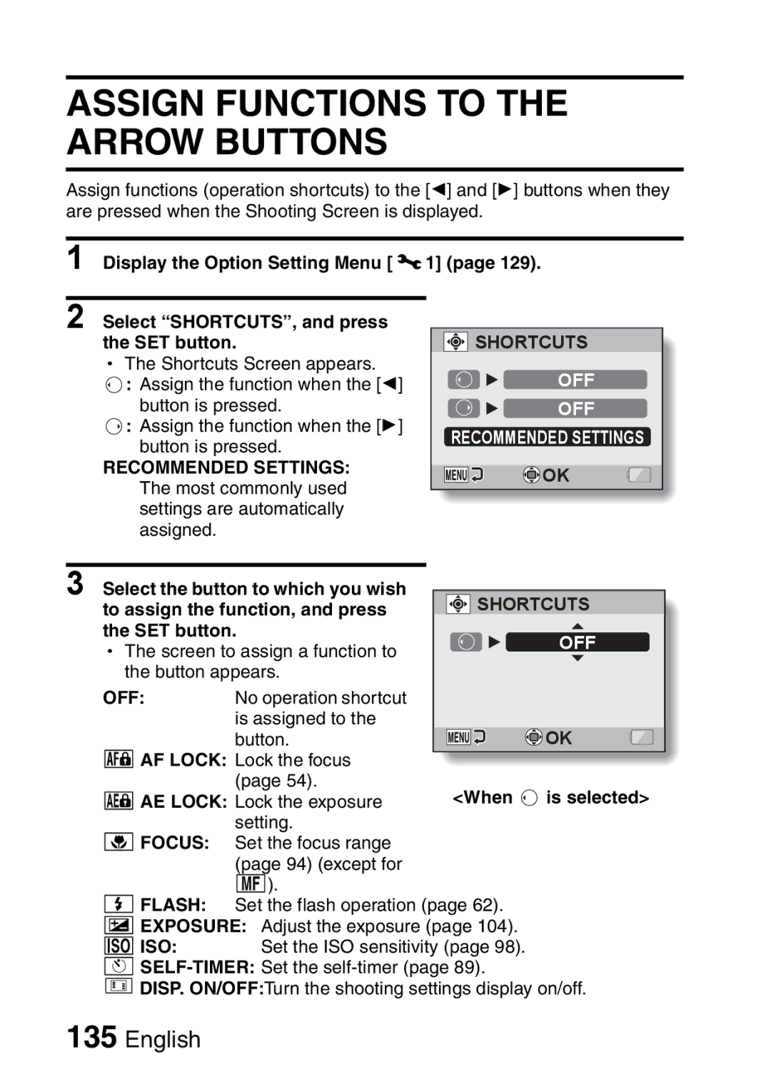 Sanyo VPC-E2 instruction manual Assign Functions to the Arrow Buttons, When is selected 