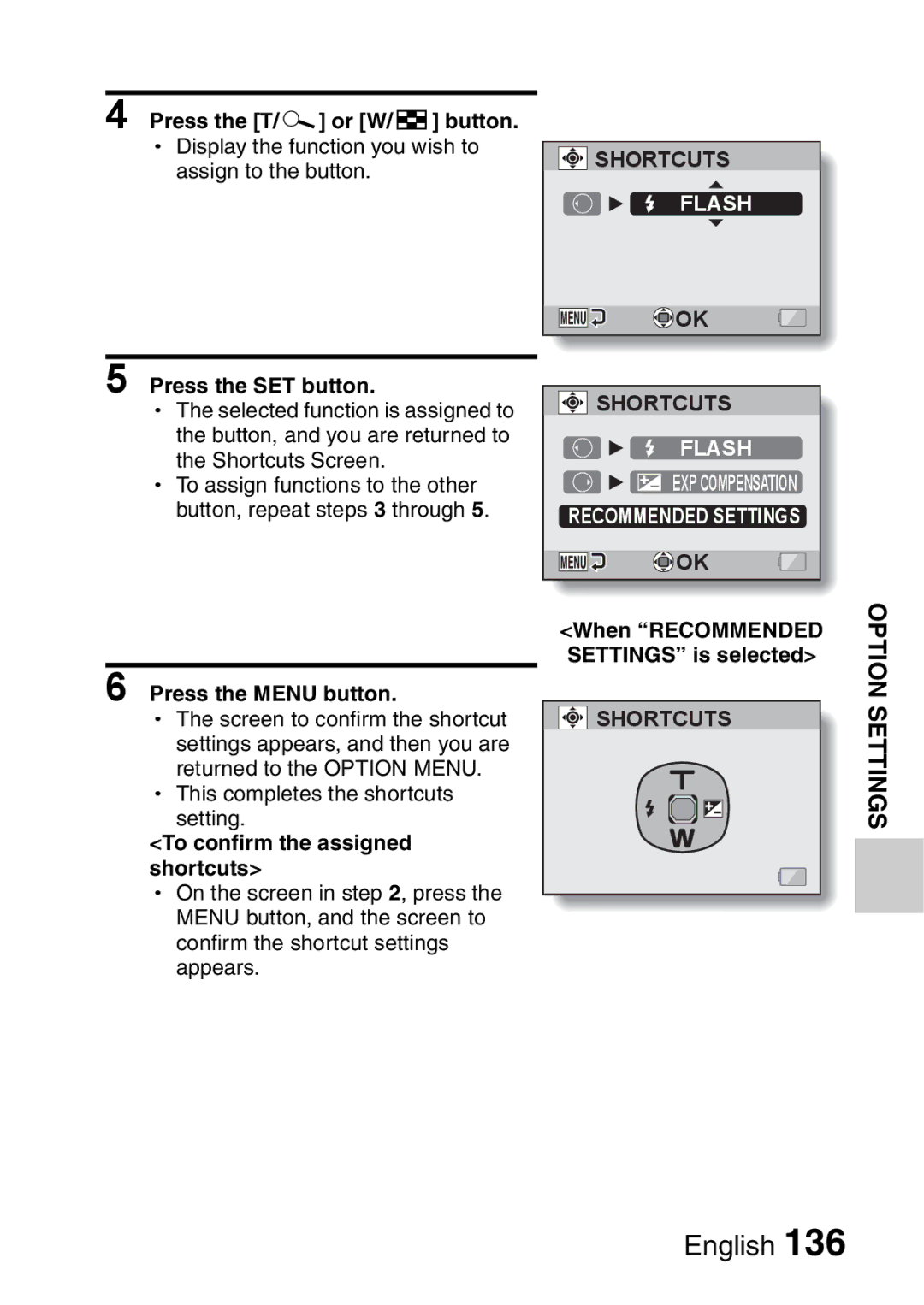 Sanyo VPC-E2 Press the T/ or W/P button, To confirm the assigned shortcuts, When Recommended Settings is selected 