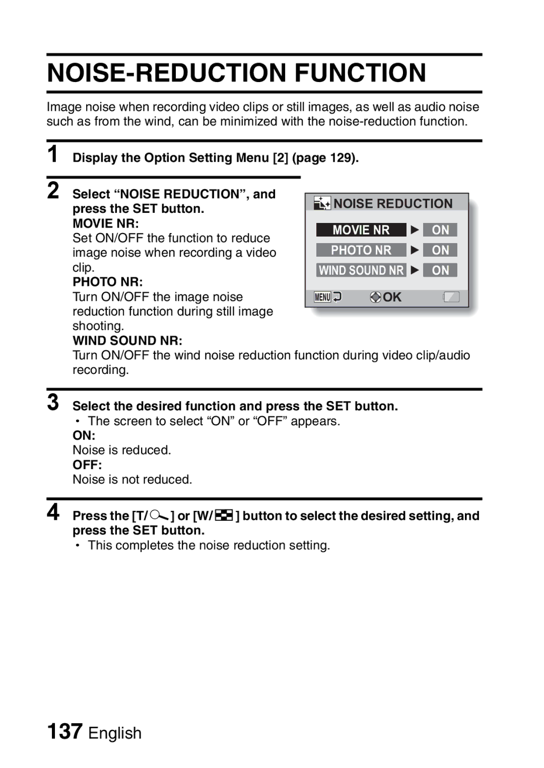 Sanyo VPC-E2 instruction manual NOISE-REDUCTION Function, Display the Option Setting Menu 2 Select Noise REDUCTION 