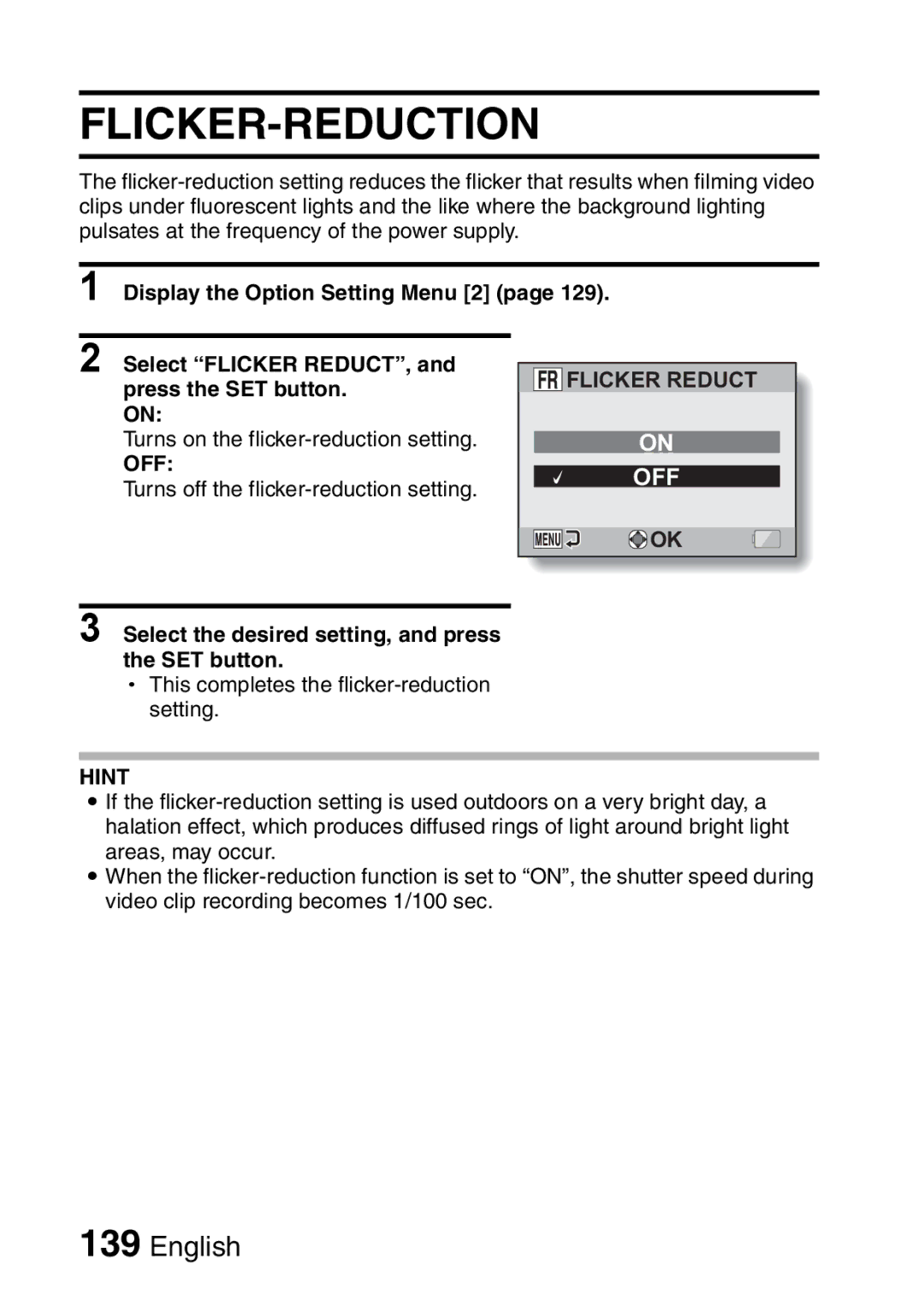 Sanyo VPC-E2 instruction manual Flicker-Reduction, Off 