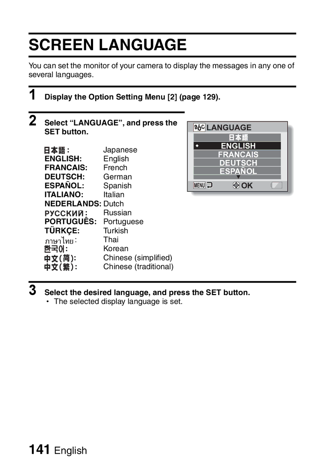 Sanyo VPC-E2 instruction manual Screen Language, Nederlands Dutch, Select the desired language, and press the SET button 