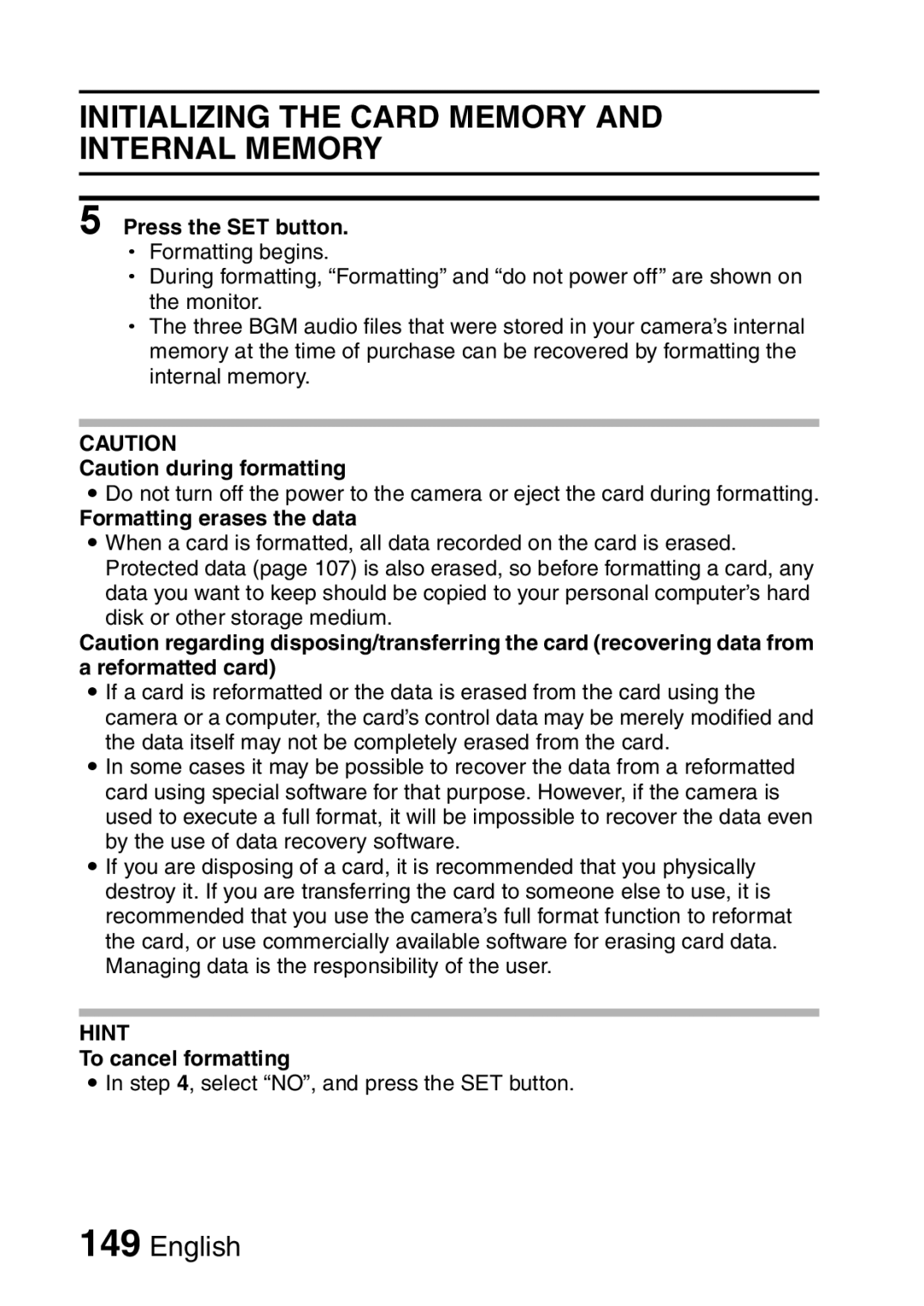 Sanyo VPC-E2 Initializing the Card Memory and Internal Memory, Formatting erases the data, To cancel formatting 