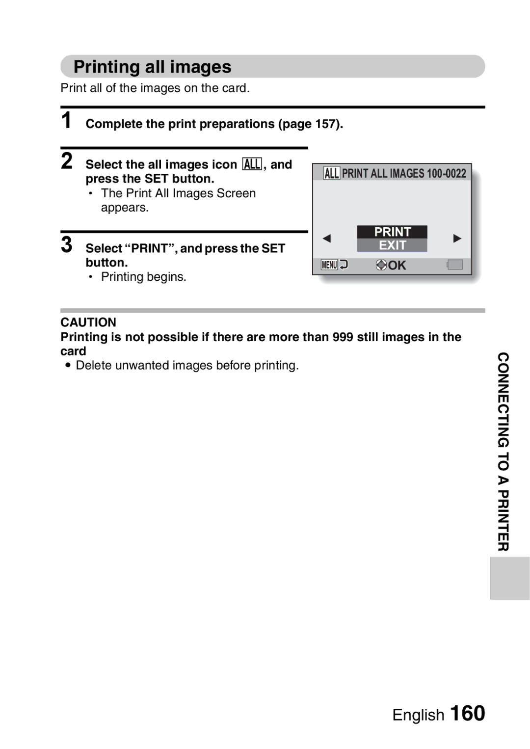 Sanyo VPC-E2 instruction manual Printing all images, Select PRINT, and press the SET button 