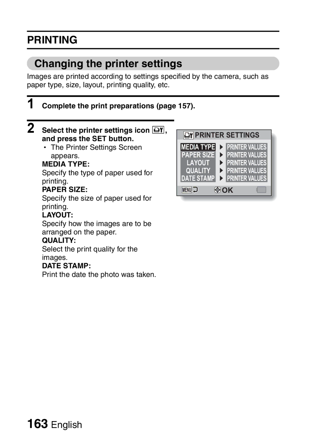 Sanyo VPC-E2 instruction manual Changing the printer settings 