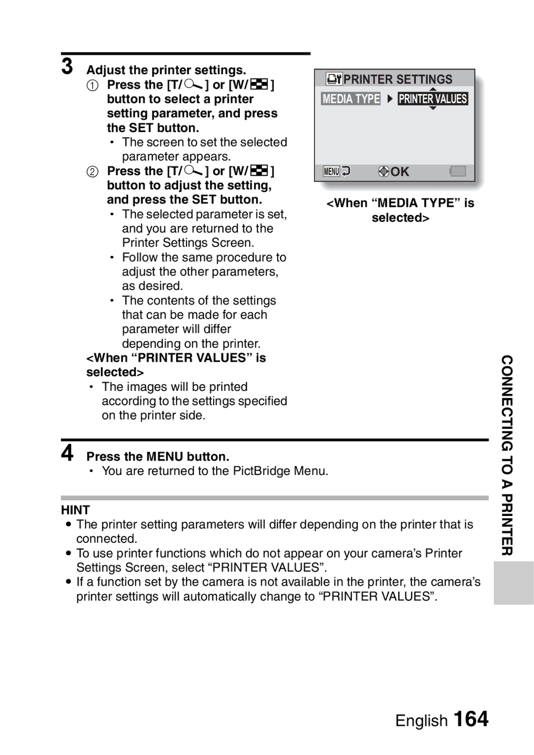 Sanyo VPC-E2 Adjust the printer settings, Press the T/ or W/P Button to select a printer, When Printer Values is selected 