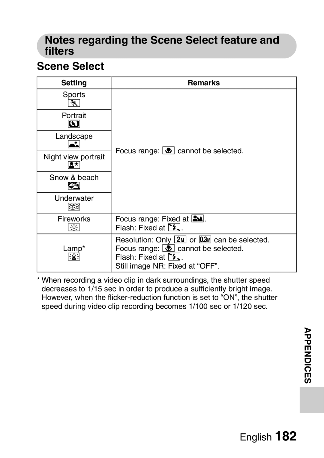 Sanyo VPC-E2 instruction manual Scene Select, Setting Remarks 