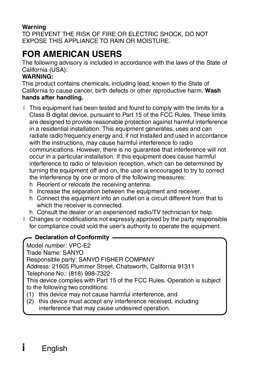 Sanyo VPC-E2 instruction manual For American Users, Declaration of Conformity 