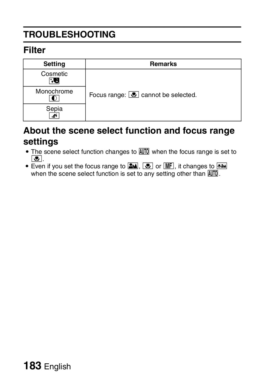 Sanyo VPC-E2 instruction manual Filter, About the scene select function and focus range settings 