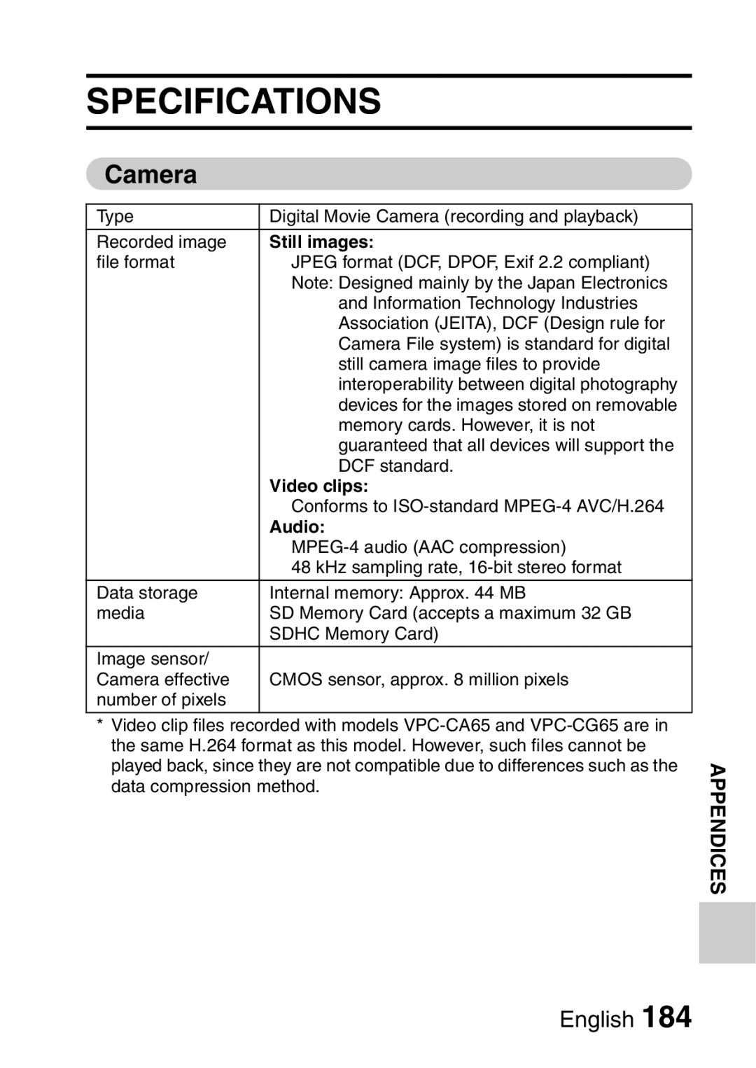 Sanyo VPC-E2 instruction manual Specifications, Still images, Video clips, Audio 