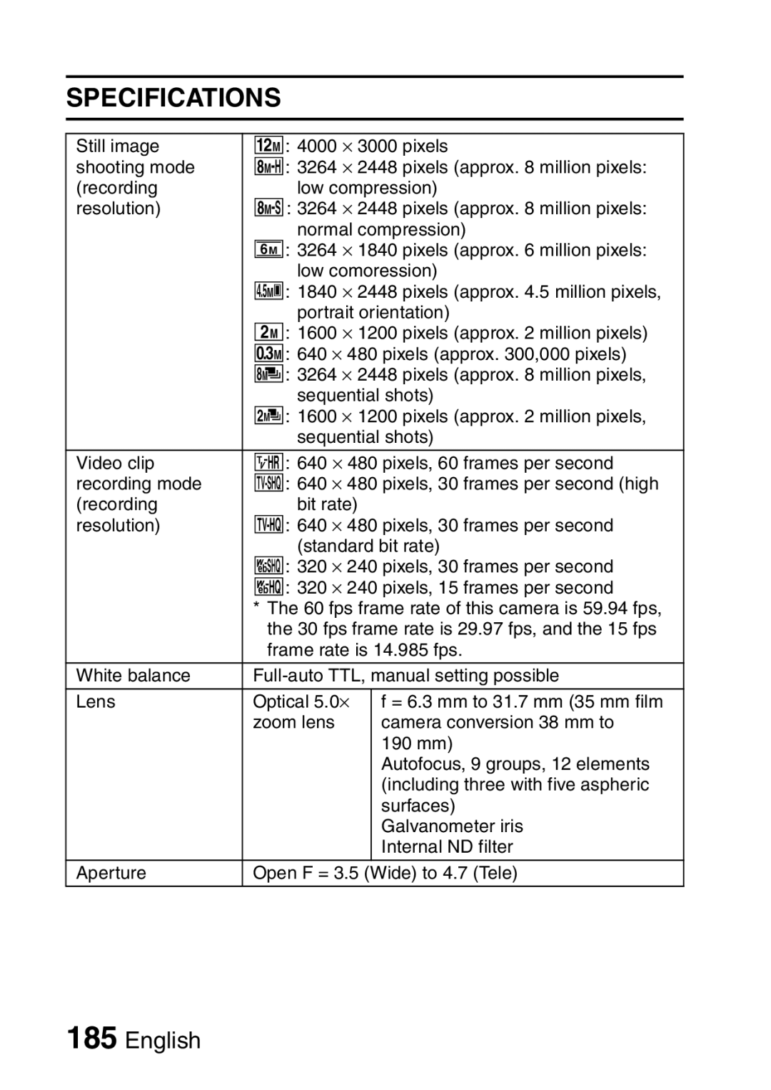 Sanyo VPC-E2 instruction manual Specifications 