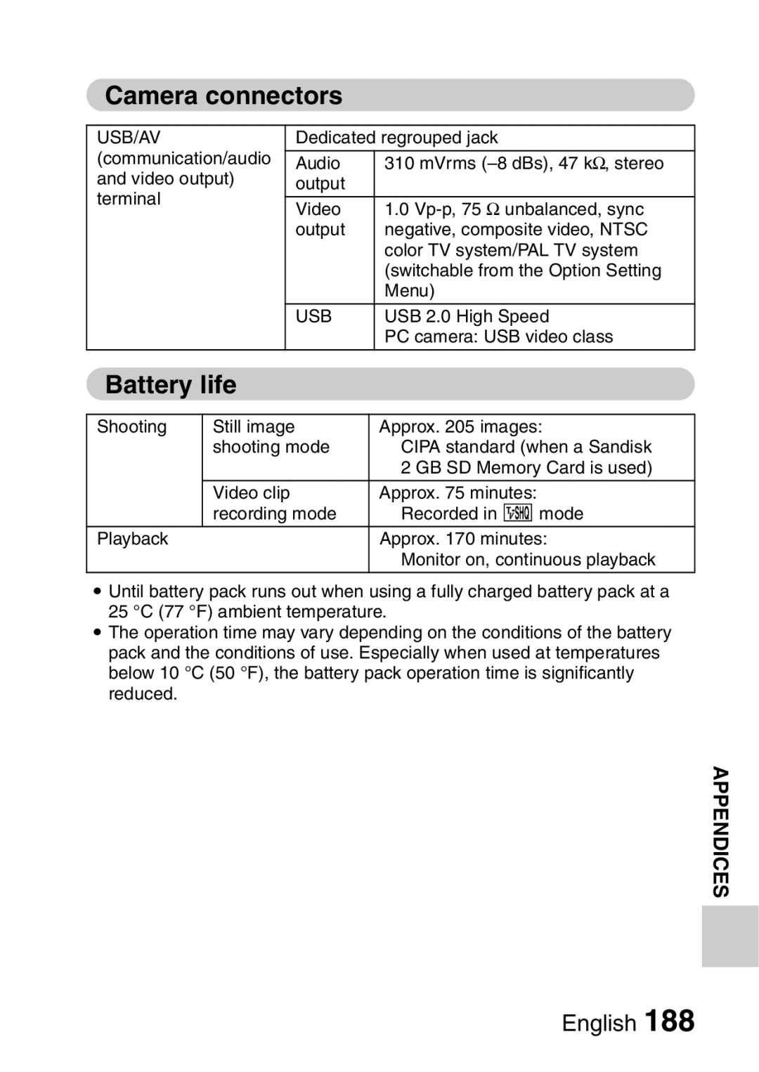 Sanyo VPC-E2 instruction manual Camera connectors, Battery life 