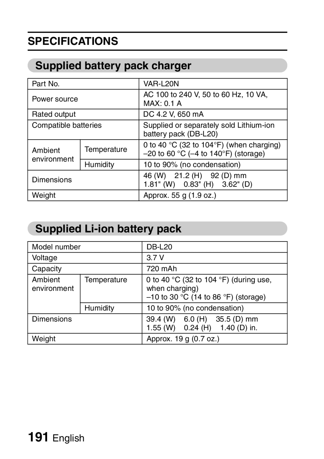 Sanyo VPC-E2 instruction manual Supplied battery pack charger, Supplied Li-ion battery pack 