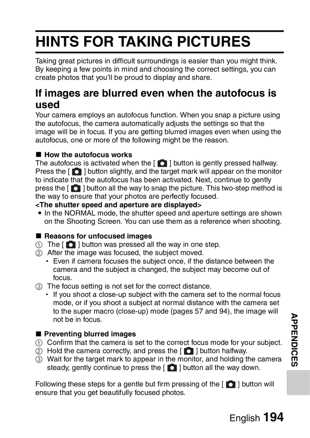 Sanyo VPC-E2 Hints for Taking Pictures, If images are blurred even when the autofocus is used, How the autofocus works 