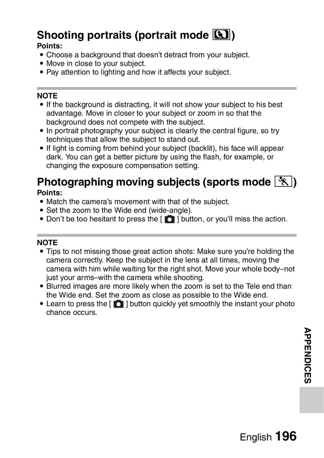 Sanyo VPC-E2 instruction manual Shooting portraits portrait mode, Photographing moving subjects sports mode a, Points 