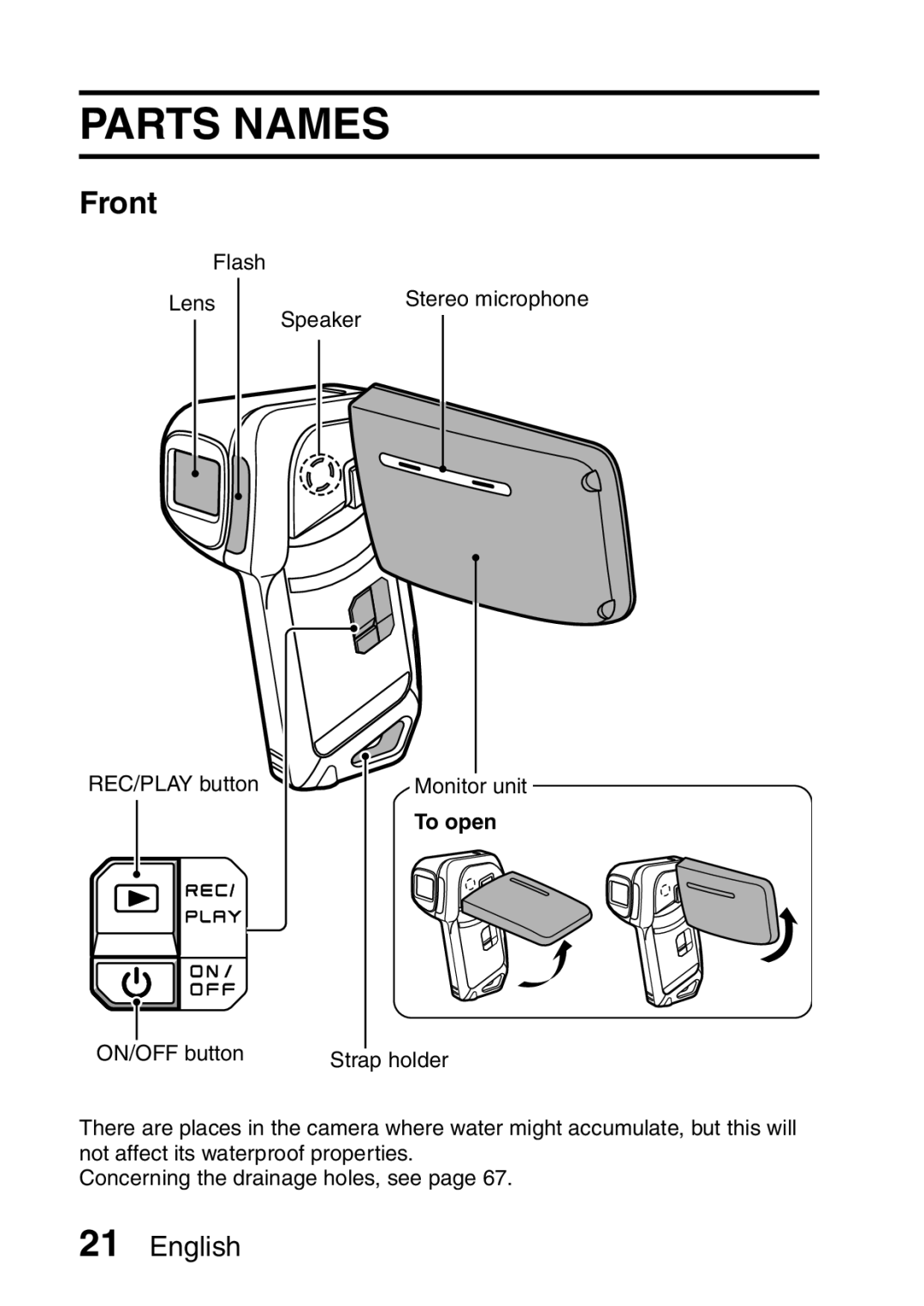 Sanyo VPC-E2 instruction manual Parts Names, Front, To open 