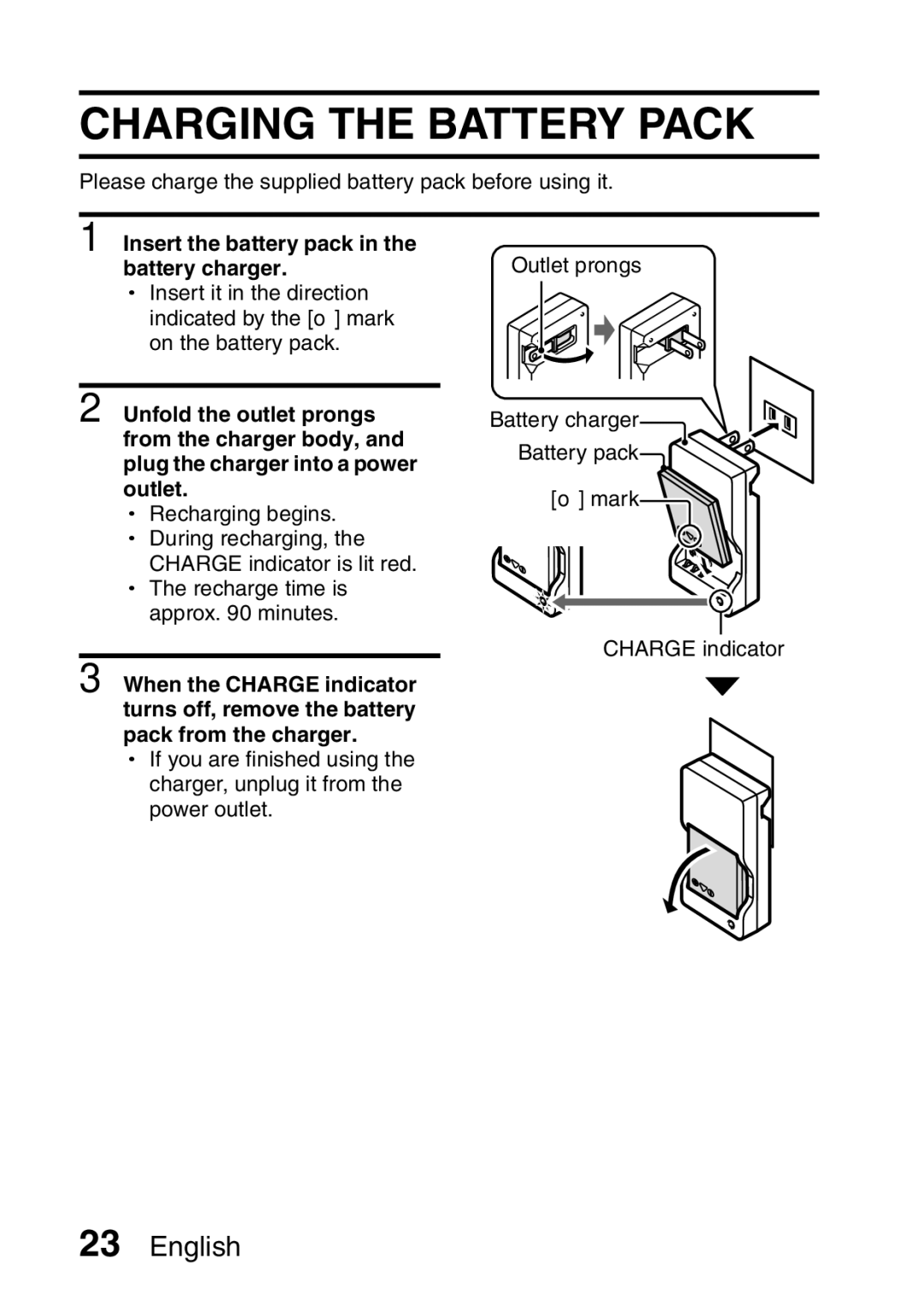 Sanyo VPC-E2 Charging the Battery Pack, Insert the battery pack Outlet prongs Battery charger, Unfold the outlet prongs 