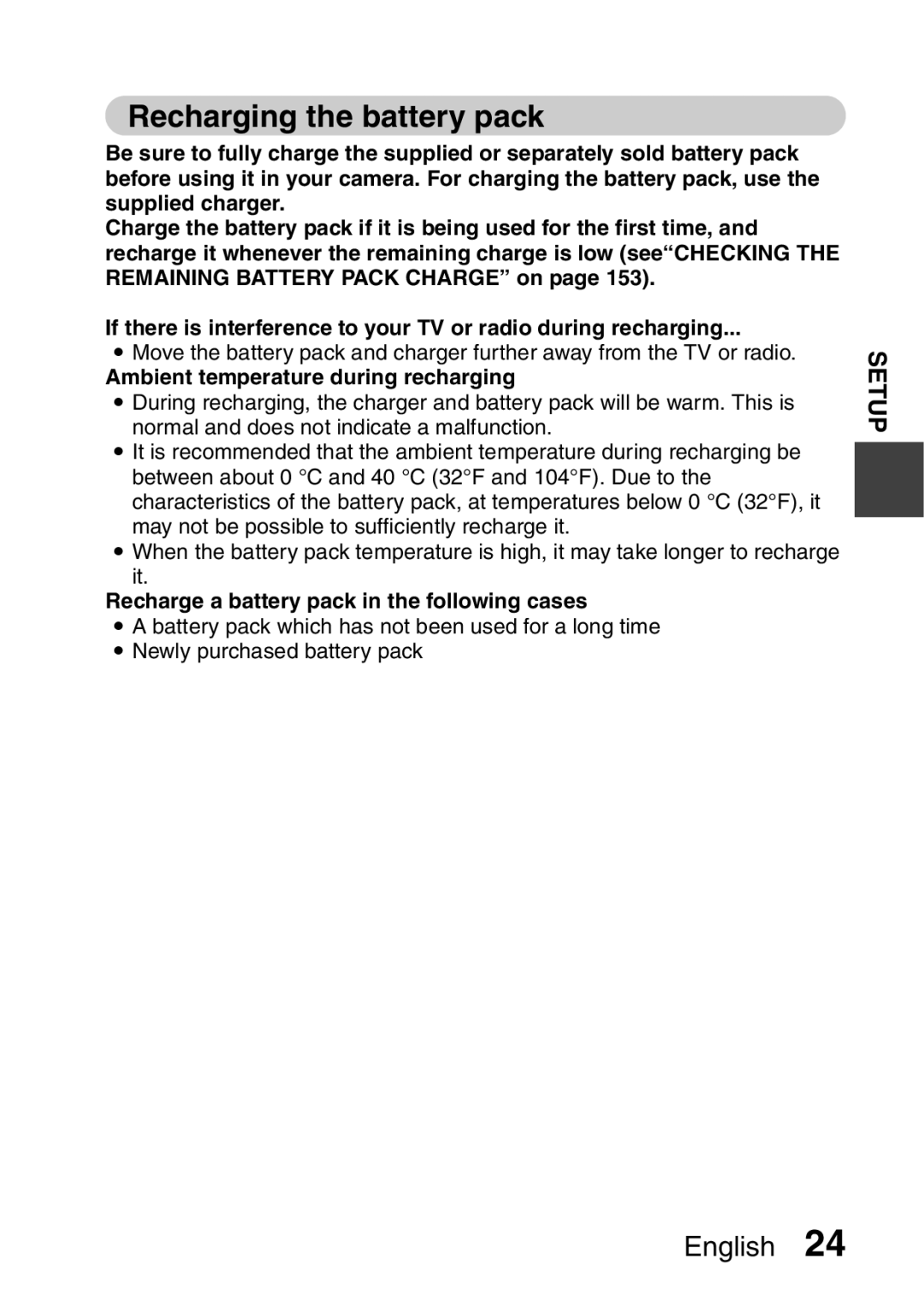 Sanyo VPC-E2 instruction manual Recharging the battery pack, Ambient temperature during recharging 