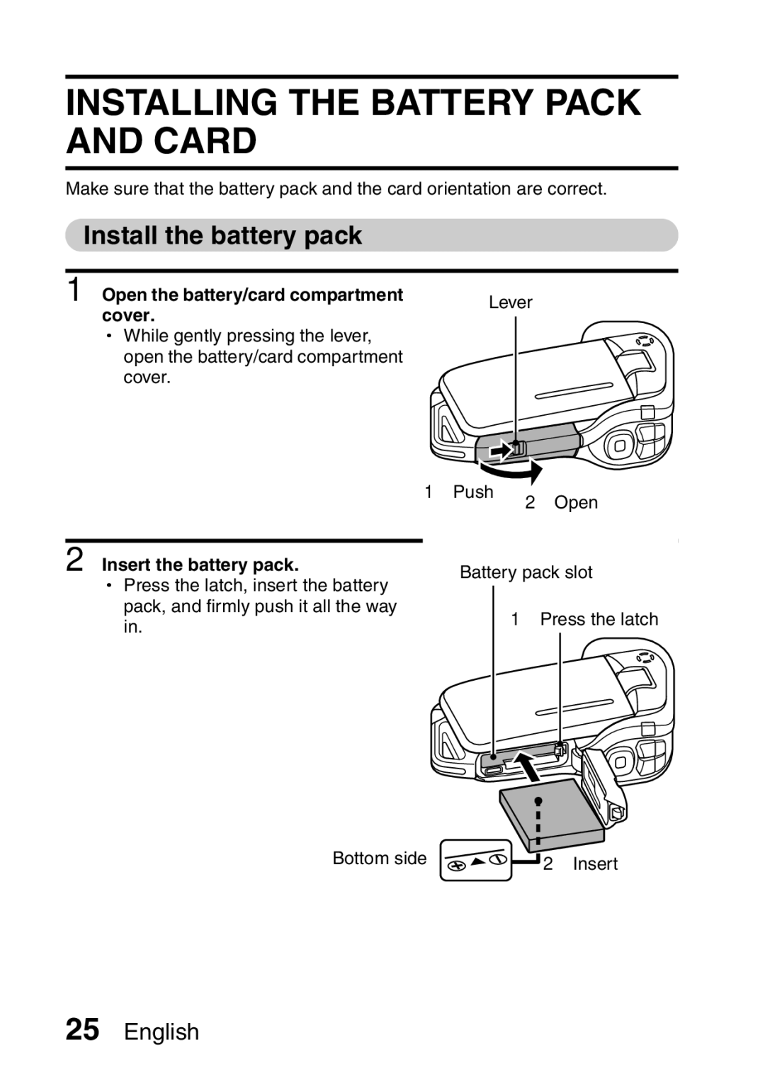 Sanyo VPC-E2 Installing the Battery Pack and Card, Install the battery pack, Open the battery/card compartment, Cover 