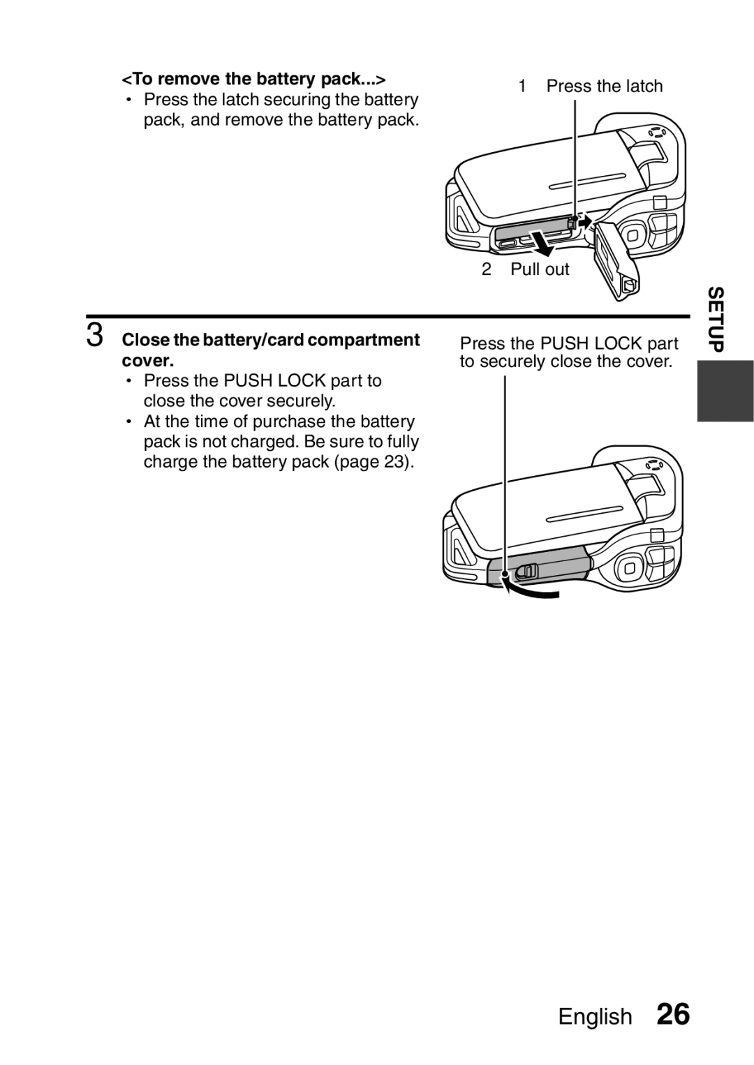 Sanyo VPC-E2 Close the battery/card compartment cover, Press the Push Lock part to Close the cover securely 