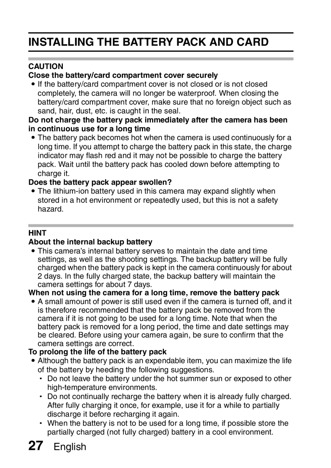 Sanyo VPC-E2 instruction manual Installing the Battery Pack and Card, Close the battery/card compartment cover securely 