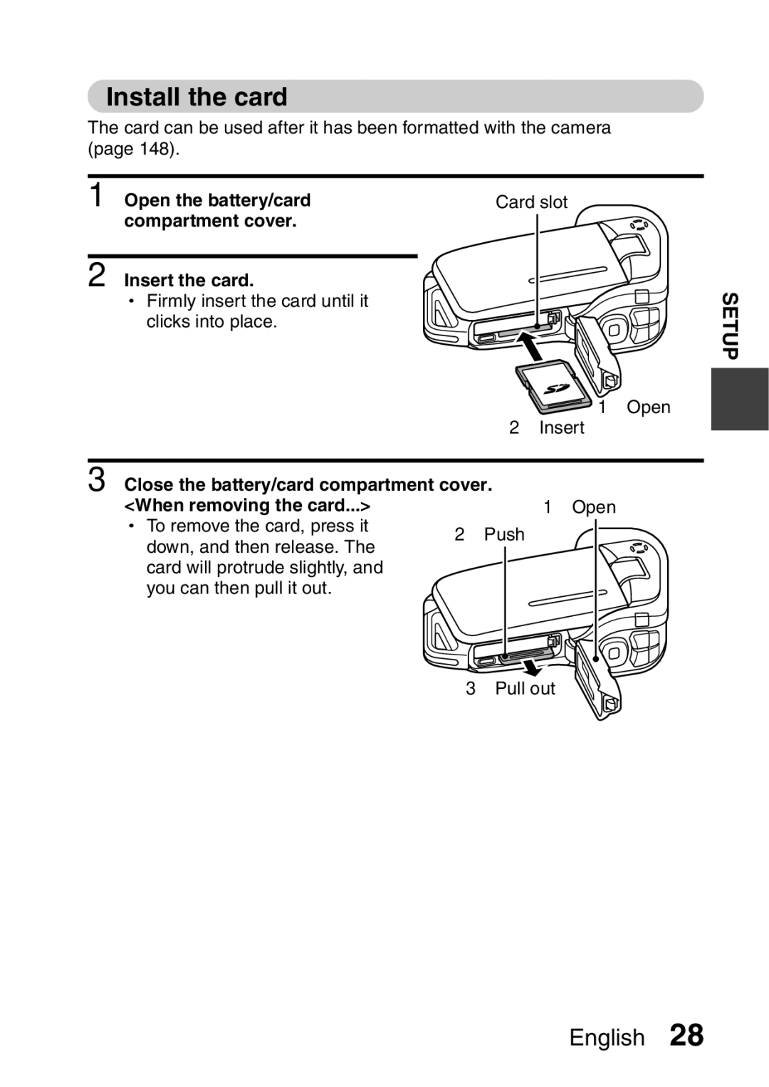 Sanyo VPC-E2 instruction manual Install the card, When removing the card 