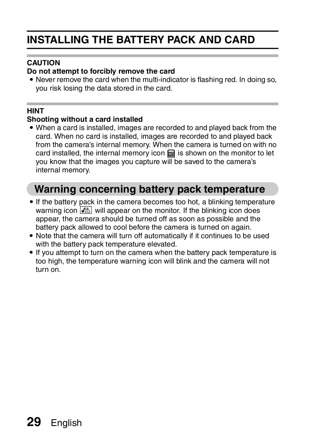 Sanyo VPC-E2 instruction manual Do not attempt to forcibly remove the card, Shooting without a card installed 