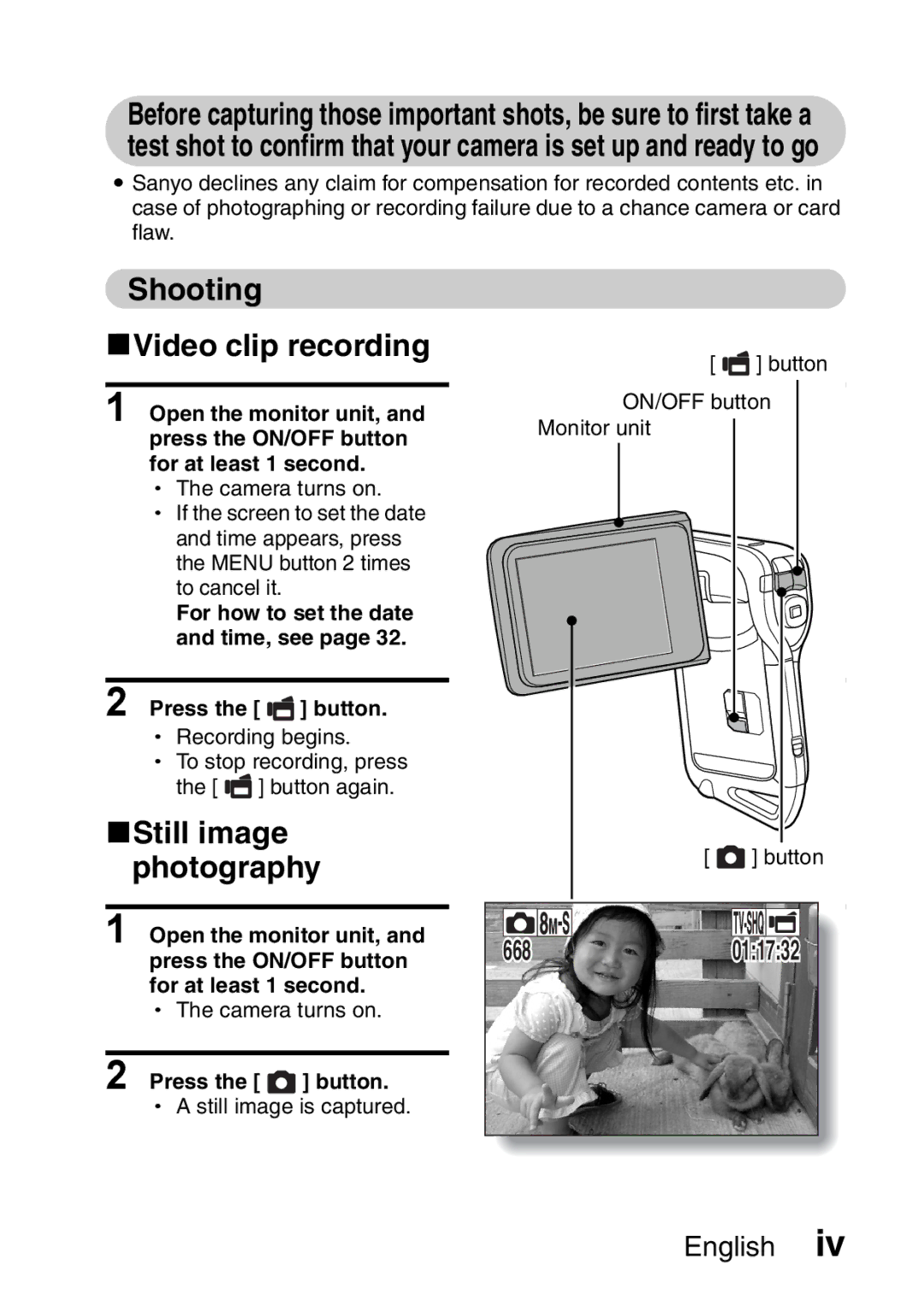 Sanyo VPC-E2 instruction manual Shooting KVideo clip recording, KStill image photography, 011732 