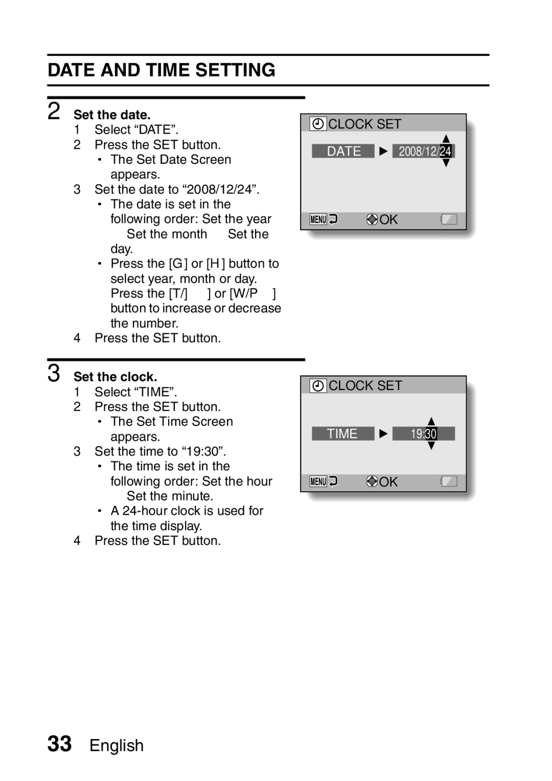 Sanyo VPC-E2 instruction manual Date and Time Setting, Set the date, Set the clock 