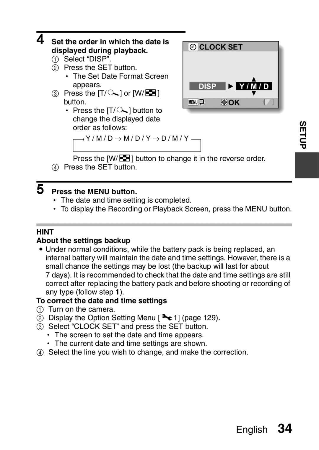 Sanyo VPC-E2 instruction manual Press the Menu button, About the settings backup, To correct the date and time settings 