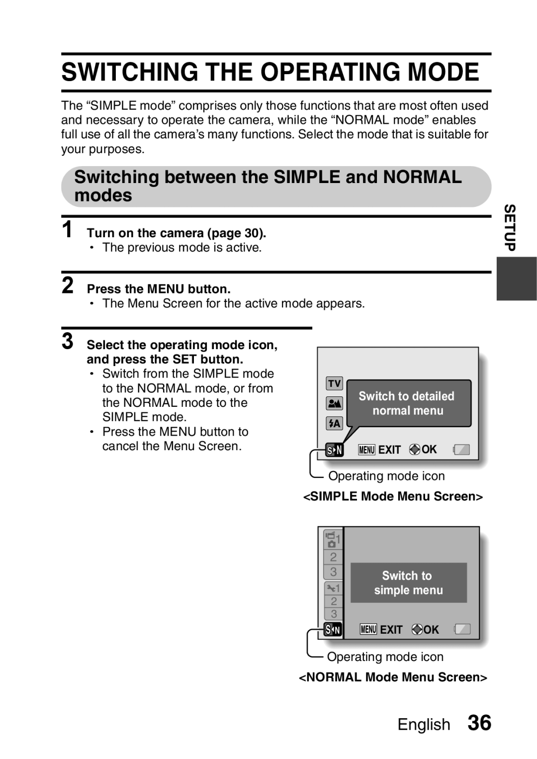 Sanyo VPC-E2 Switching between the Simple and Normal modes, Select the operating mode icon, and press the SET button 