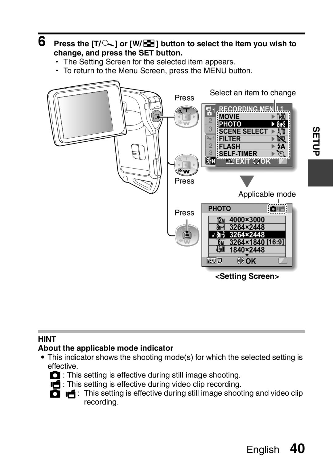 Sanyo VPC-E2 instruction manual Press, About the applicable mode indicator 