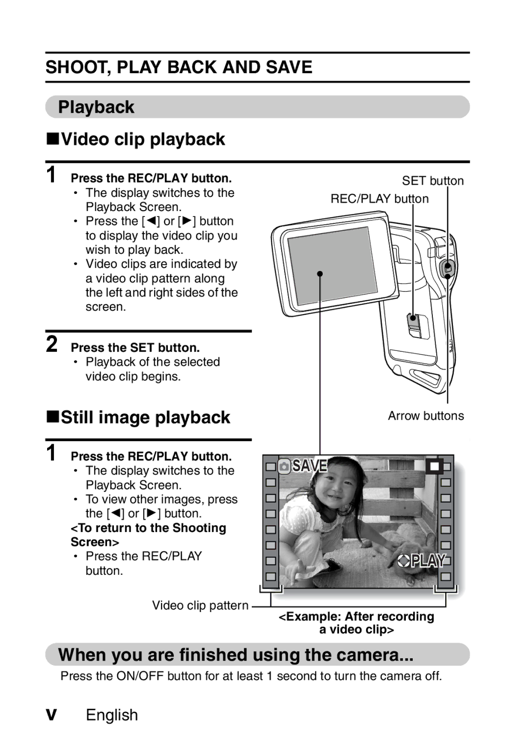 Sanyo VPC-E2 instruction manual SHOOT, Play Back and Save, Playback KVideo clip playback, KStill image playback 