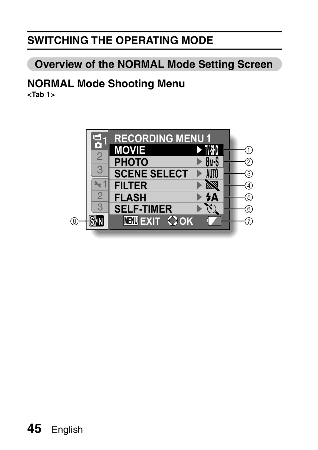 Sanyo VPC-E2 instruction manual Exit, Tab 