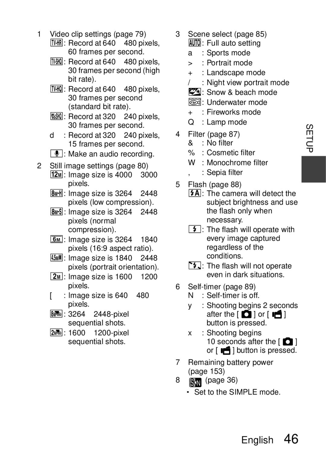 Sanyo VPC-E2 Video clip settings, Still image settings, Scene select, Filter, Self-timer, Remaining battery power 