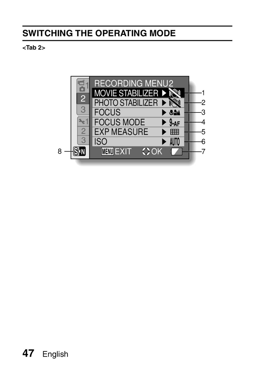 Sanyo VPC-E2 instruction manual Recording MENU2 Movie Stabilizer 