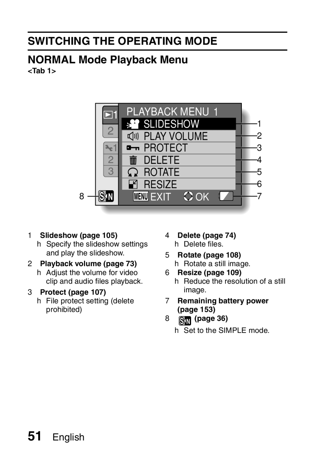 Sanyo VPC-E2 instruction manual Normal Mode Playback Menu, Playback volume page 73 h Adjust the volume for video, Protect 