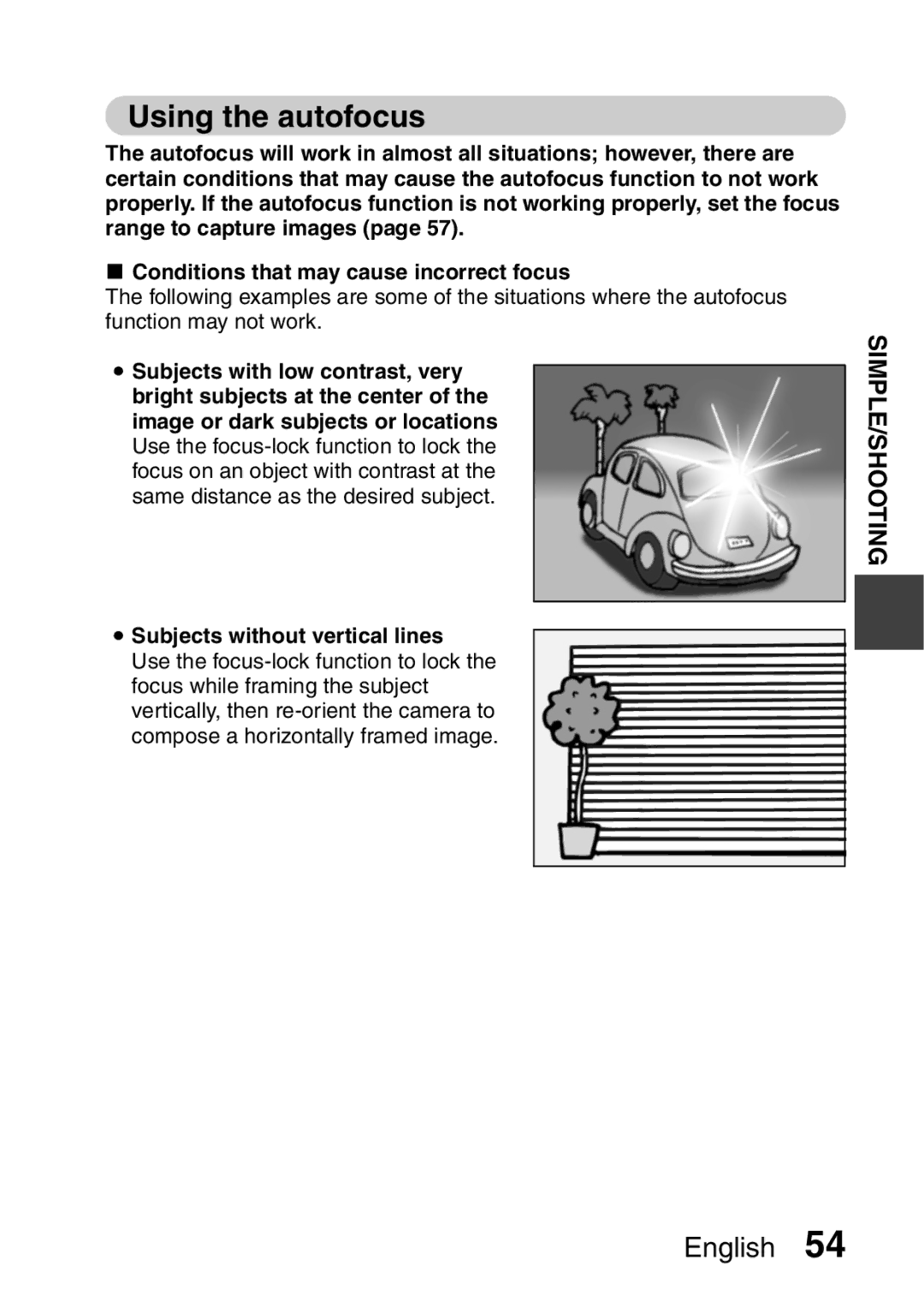 Sanyo VPC-E2 instruction manual Using the autofocus, Simple/Shooting 