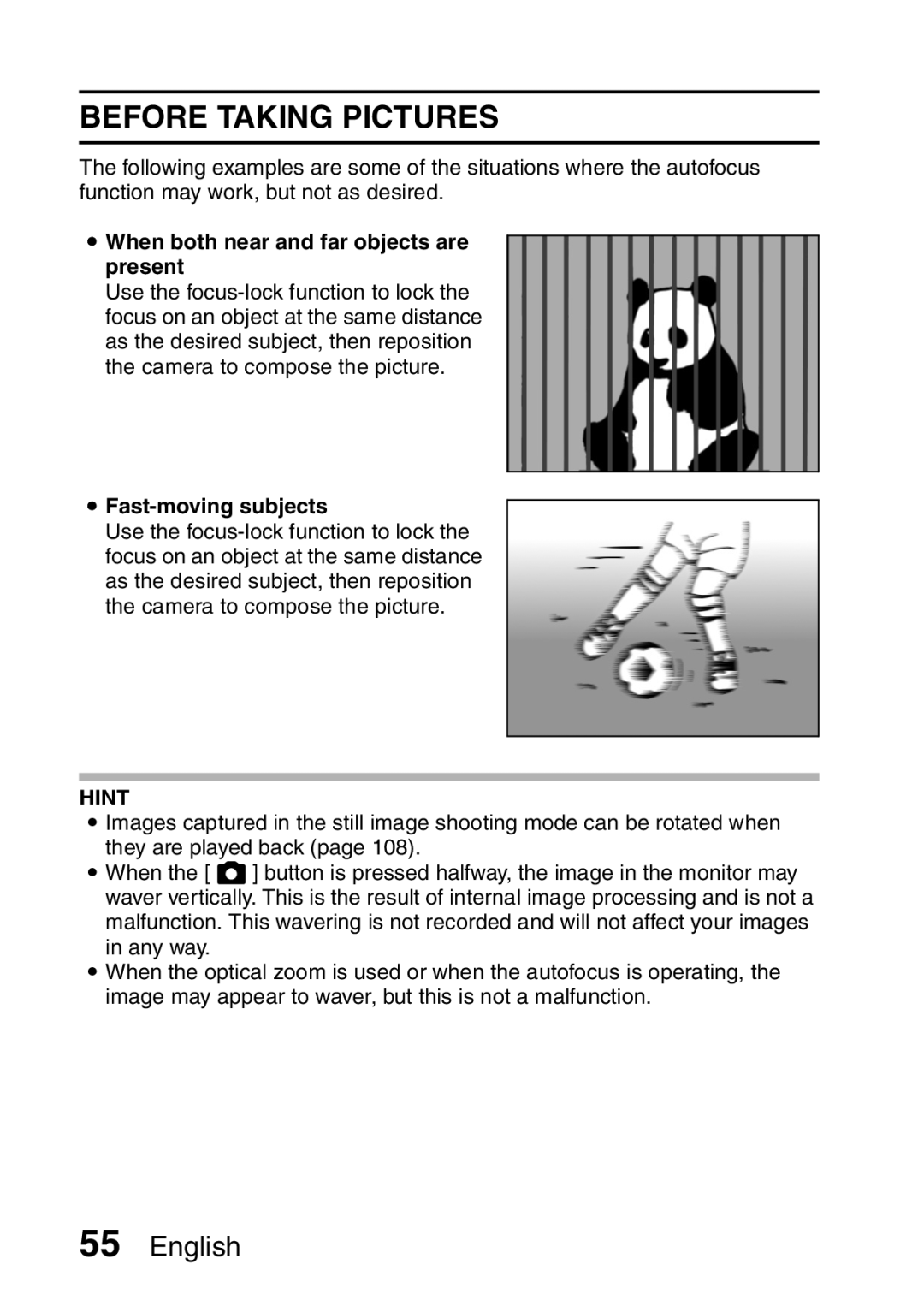 Sanyo VPC-E2 instruction manual Before Taking Pictures, When both near and far objects are present, Fast-moving subjects 