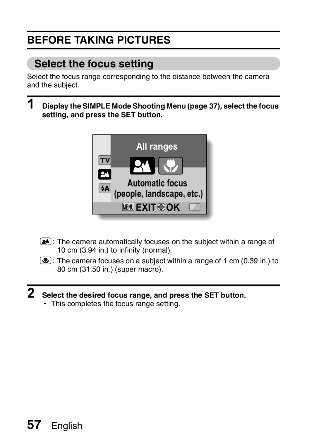 Sanyo VPC-E2 instruction manual Select the focus setting, Select the desired focus range, and press the SET button 