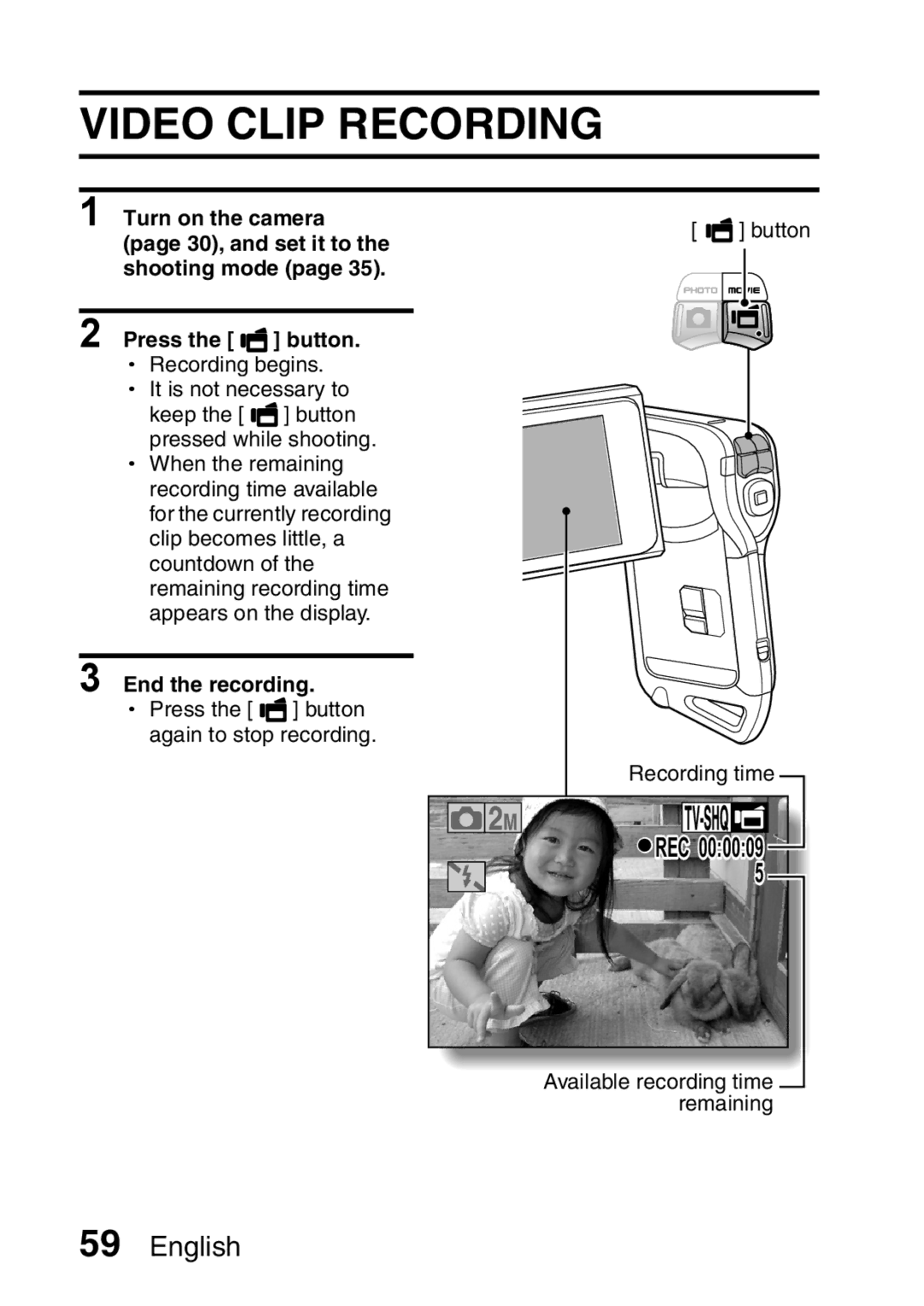 Sanyo VPC-E2 instruction manual Video Clip Recording, 30, and set it to Shooting mode Press, End the recording 