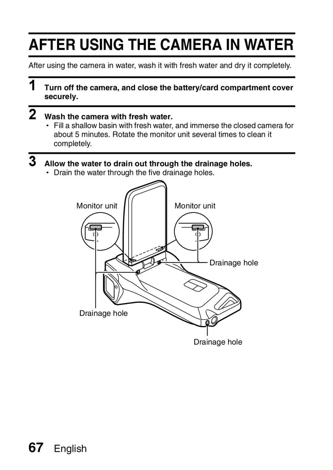 Sanyo VPC-E2 instruction manual After Using the Camera in Water, Allow the water to drain out through the drainage holes 