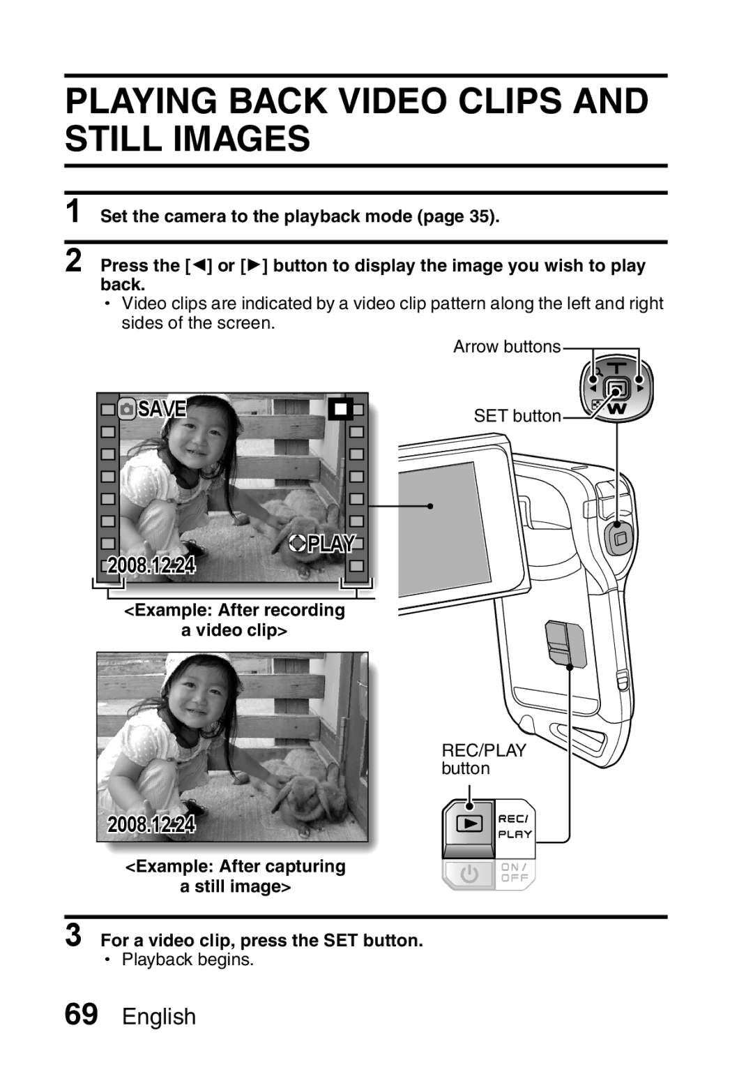 Sanyo VPC-E2 instruction manual Playing Back Video Clips and Still Images, Save 