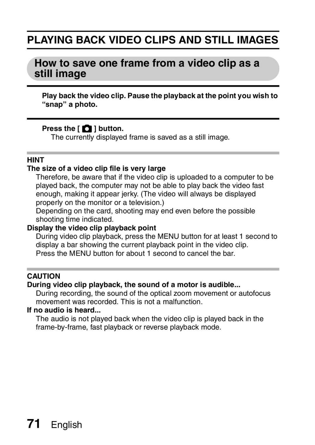 Sanyo VPC-E2 Playing Back Video Clips and Still Images, How to save one frame from a video clip as a still image 