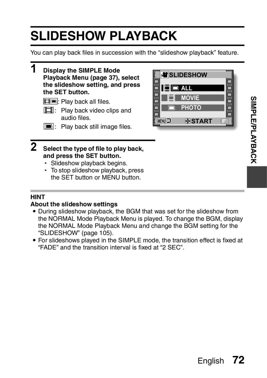 Sanyo VPC-E2 instruction manual Slideshow Playback, About the slideshow settings 