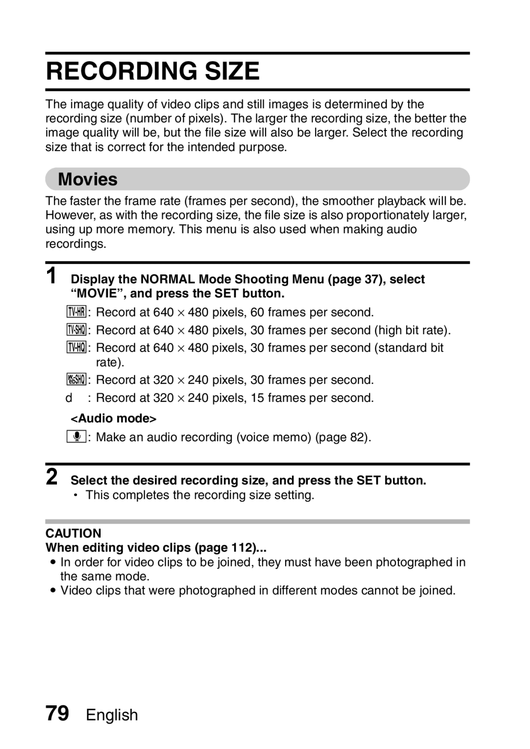 Sanyo VPC-E2 Recording Size, Movies, Audio mode, Select the desired recording size, and press the SET button 