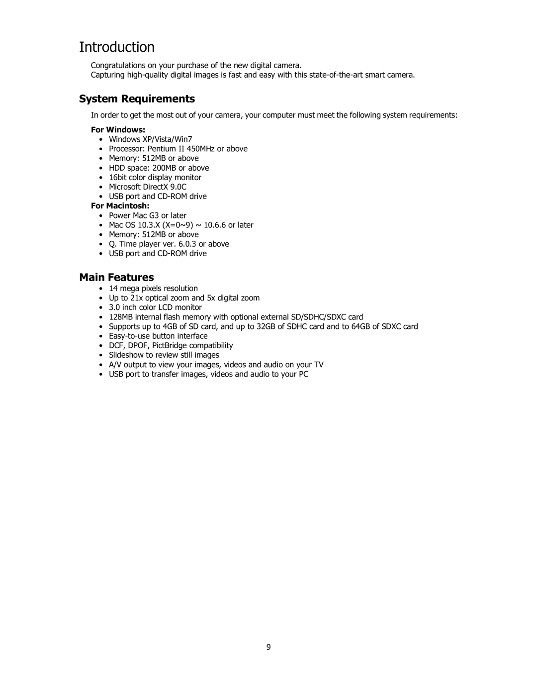 Sanyo VPC-E2100 instruction manual Introduction, System Requirements, Main Features, For Windows, For Macintosh 