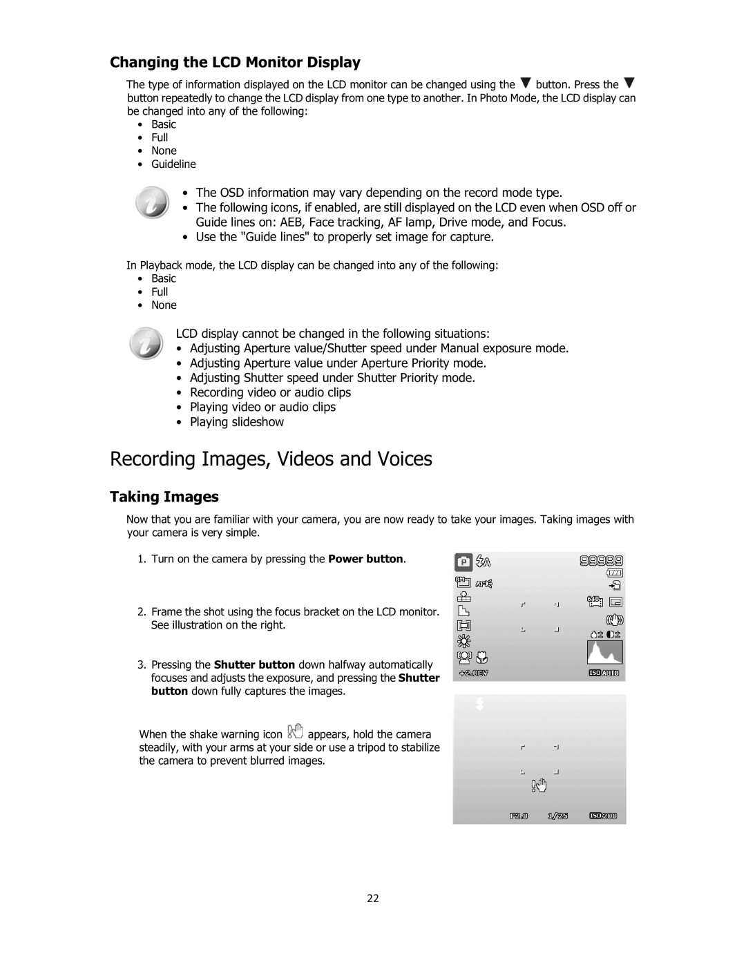 Sanyo VPC-E2100 Recording Images, Videos and Voices, Changing the LCD Monitor Display, Taking Images, 22 