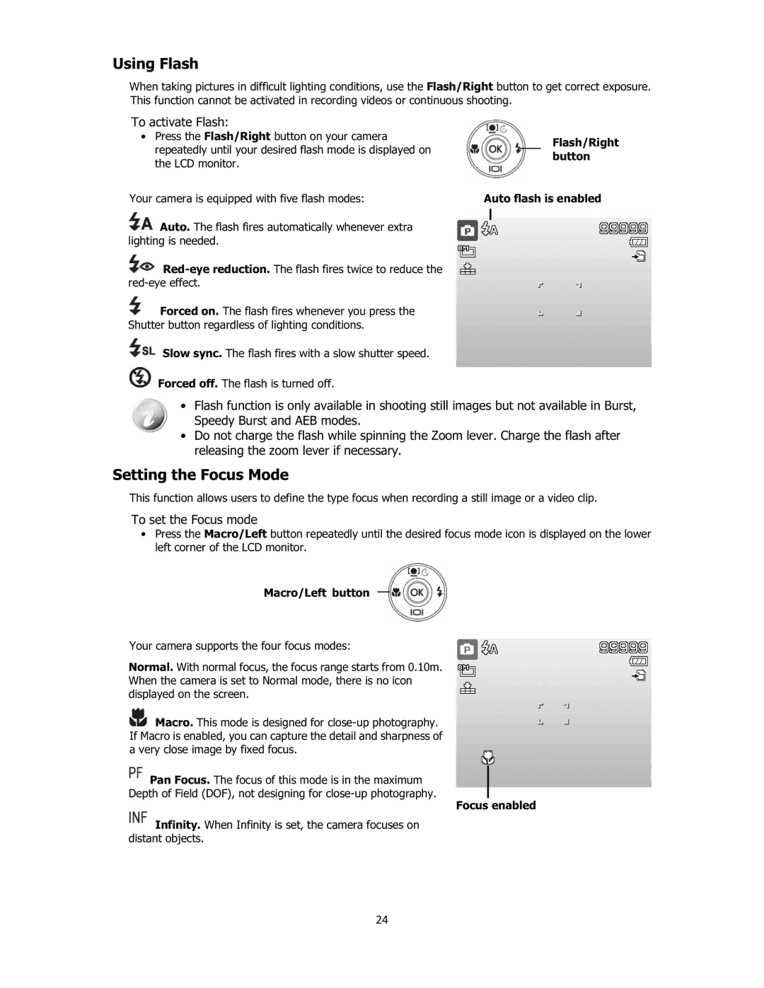 Sanyo VPC-E2100 instruction manual Using Flash, Setting the Focus Mode, To activate Flash, To set the Focus mode, 24 