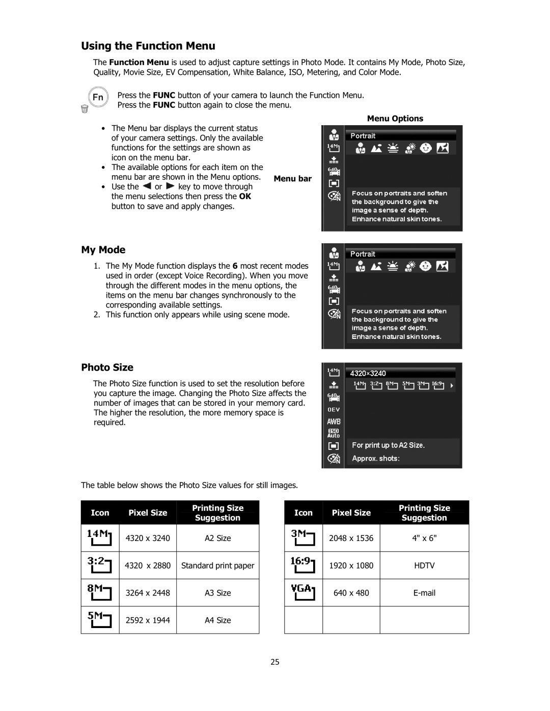 Sanyo VPC-E2100 instruction manual Using the Function Menu, My Mode, Photo Size, 25, Menu Options Menu bar 